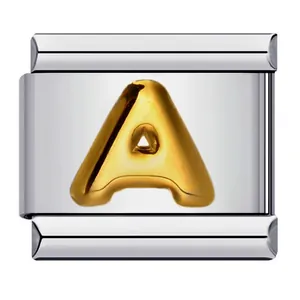 Italian style modular bracelet link with polished stainless steel and golden letter A