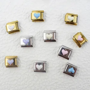 Italian style modular heart charm bracelet links in polished gold and silver stainless steel
