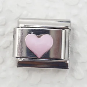 Italian style stainless steel modular link charm with a light pink enamel heart design