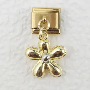Italian modular charm in gold finish with silver-beaded flower pendant detail