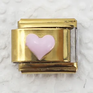 Italian style modular gold charm link featuring a pink enamel heart design for custom bracelets