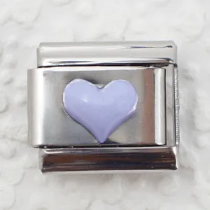 Macro detail of Italian charm link in silver steel with a lavender enamel heart