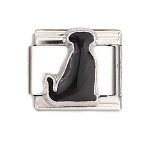 Close-up of square stainless steel Italian charm with a black enamel puppy silhouette