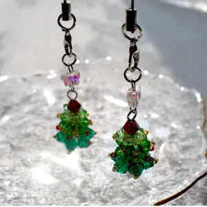 Handmade beaded Christmas tree phone charm with green crystals and silver lobster clasp