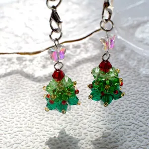 Handmade beaded Christmas tree phone charms with green and red crystals and silver clasps