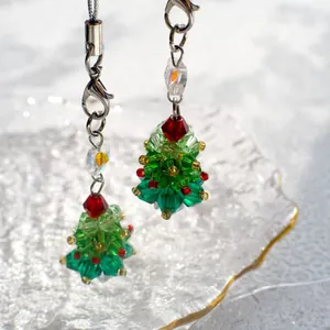 Handmade beaded Christmas tree phone charm with green crystal beads and silver lobster clasp