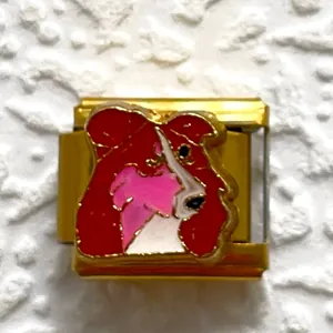 Italian charm bracelet link featuring a golden enamel shepherd dog head design