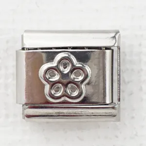 Italian charm link 9mm stainless steel bracelet component with engraved flower motif