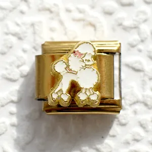 Italian charm link with white poodle and pink bow in gold stainless steel finish