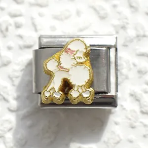 Italian style stainless steel modular charm link with a white poodle design
