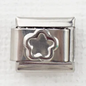 Detail view of 9mm stainless steel Italian charm link with embossed flower design