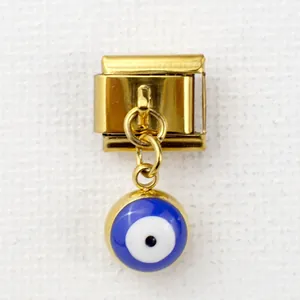 Italian style gold evil eye charm link for modular charm bracelets with blue enamel bead