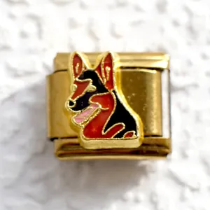Detailed close-up of Italian style gold-plated modular link with German Shepherd enamel design