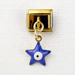 Macro detail of Italian style gold square link with blue star evil eye charm pendant