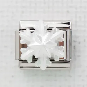 Macro-opname van een Italiaanse modulaire bedel met een 3D-transparante wintersneeuwvlok