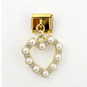 Italian charm bracelet heart pendant with pearls and rhinestones in gold finish
