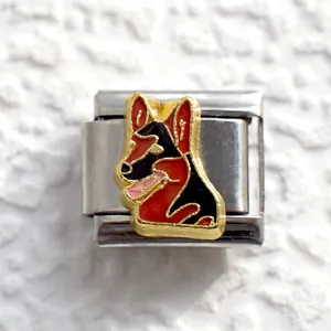 Macro detail of Italian charm bracelet link featuring a German Shepherd enamel design