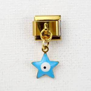 Close-up of gold stainless steel link charm featuring a blue star and devil eye motif