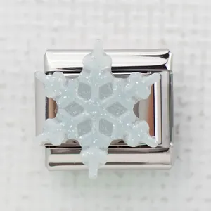 Italiaanse armband link met witte glitter sneeuwvlok op gepolijst roestvrij staal metaal
