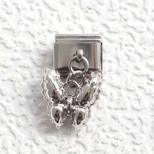 Close-up of silver butterfly pendant charm for Italian DIY modular link bracelets