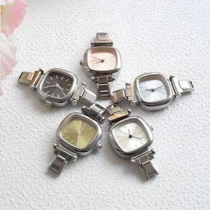 Five elegant women's square quartz watches with silver metal bracelets in various dial colors