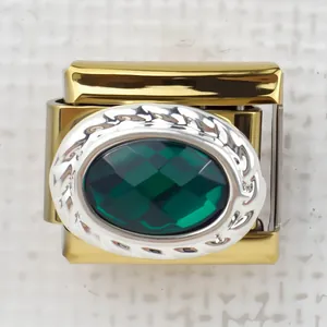Italian charm link featuring a faceted green gem set in gold stainless steel
