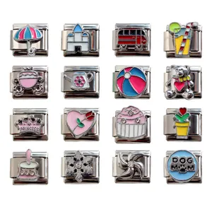 Stainless Steel Italian Charm Links For DIY Modular Bracelet Enamel Cute Heart Flower Animal Charms For Women Jewelry Making Accessories