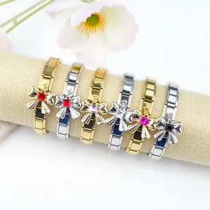 Bracelet Italien à Breloques en Acier Inoxydable Élastique Modulaire Avec Nœud Pendentif en Zircone Carrée Bijoux de Mode Femme Cadeau