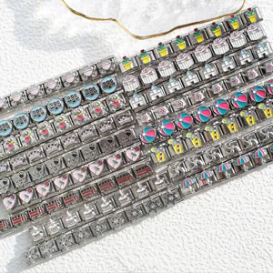 Italian style stainless steel charm bracelet links featuring colorful enamel patterns