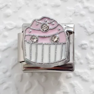 Detail of pink cupcake charm with crystals for Italian style modular bracelet