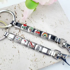 Italian charm keychain in stainless steel with Girl Power and colorful enamel charms