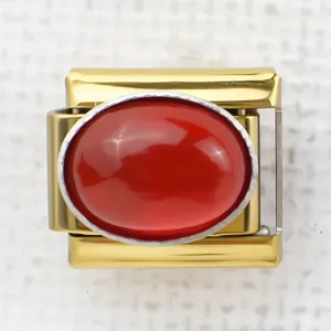 Italian charm link with gold metal base and large oval red stone for modular bracelets
