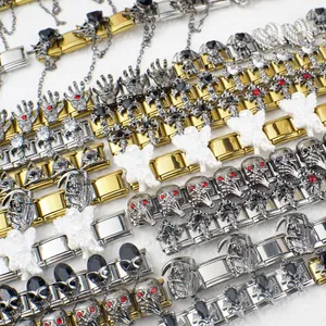 Bracciali componibili gotici in acciaio inossidabile con ciondoli a teschio e angelo