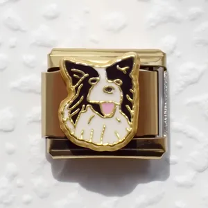 Macro detail of gold-plated stainless steel Italian link with enamel border collie charm