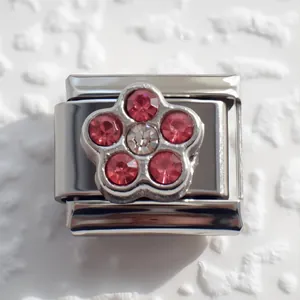 Italienisches Charm-Glied aus Edelstahl mit pinkfarbenen und weißen Kristallblumen