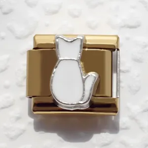 Detail of gold Italian charm link featuring a white cat silhouette for DIY bracelets
