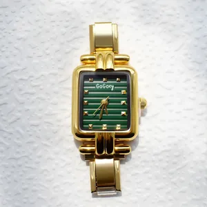 Retro Damen-Quarzuhr in Gold mit grünem Zifferblatt und glänzendem Metallarmband