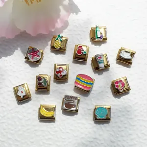 Eslabones de Pulsera Italian Charm DIY de Acero Inoxidable Chapado en Oro Esmalte Frutas Comida Naturaleza Patrones Componentes de Joyería Modular para Mujeres Hombres
