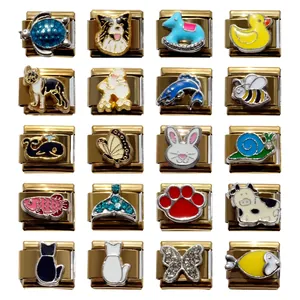Italian charm bracelet links in gold-plated stainless steel with animal designs