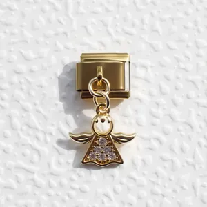 Gold Italian charm bracelet link featuring a crystal-embellished angel pendant