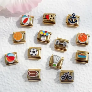 Stainless Steel Italian Charm Modular Bracelet Link DIY Sport Theme Gold Plated Soccer Basketball Anchor For Jewelry Making