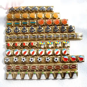 Detail of gold-plated stainless steel Italian charms with various sports enamel patterns