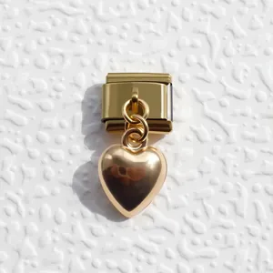 Golden Italian heart charm for modular link bracelets with high-polished mirror finish