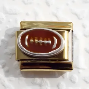 Polished gold stainless steel Italian charm bracelet link with rugby ball design