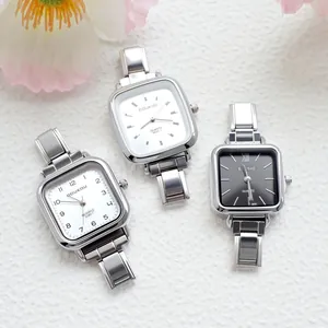 Elegant square women's quartz watches with silver metal link bands in black and white