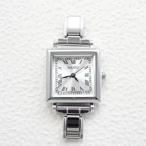 Classic silver stainless steel square quartz watch with Roman numerals on sunray dial