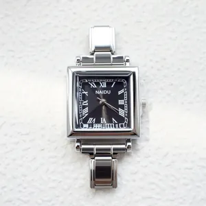 Women's square quartz wrist watch with silver stainless steel strap and black dial