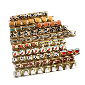 Gold stainless steel Italian charm bracelet links with colorful sports and hobby enamel designs