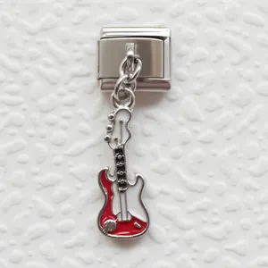 Detailed close-up of a red electric guitar charm on a modular stainless steel Italy charm bracelet