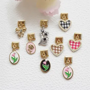 Charm Italiani in Acciaio Inossidabile per Bracciale Tulipano Fiore Cuore Fiocco Smalto Pendenti per Bracciale Modulare Donna